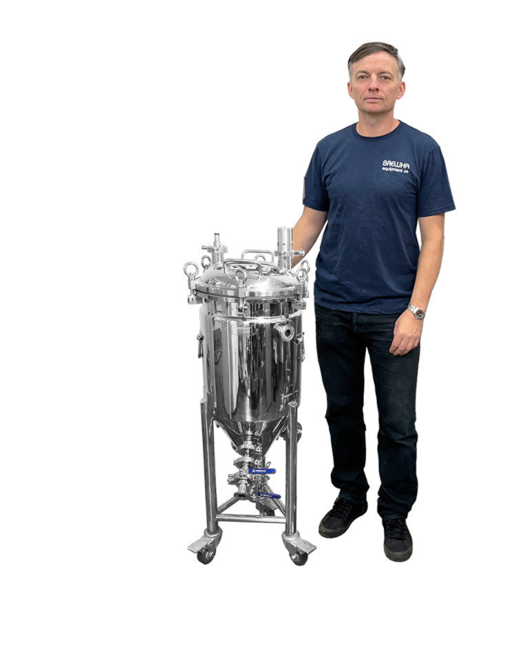 a stainless steel, jacketed, unitank conical fermenter with completely removable lids, heater ports, and polyurethane insulation.