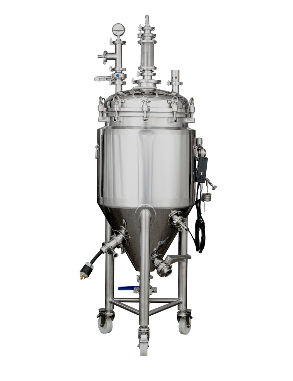 back of stainless steel fermentation tank with various attachments on a white background