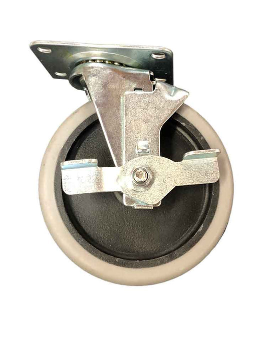 Two types of stainless steel casters with white nylon wheels. One is a heavy-duty caster with a 500kg load rating, and the other is a swivel locking post caster with a 120kg load rating.
