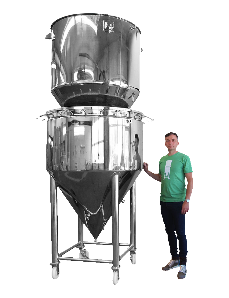 Large stainless 7BBL 1000L cylindrical conical vessel with a person for scale on a white background