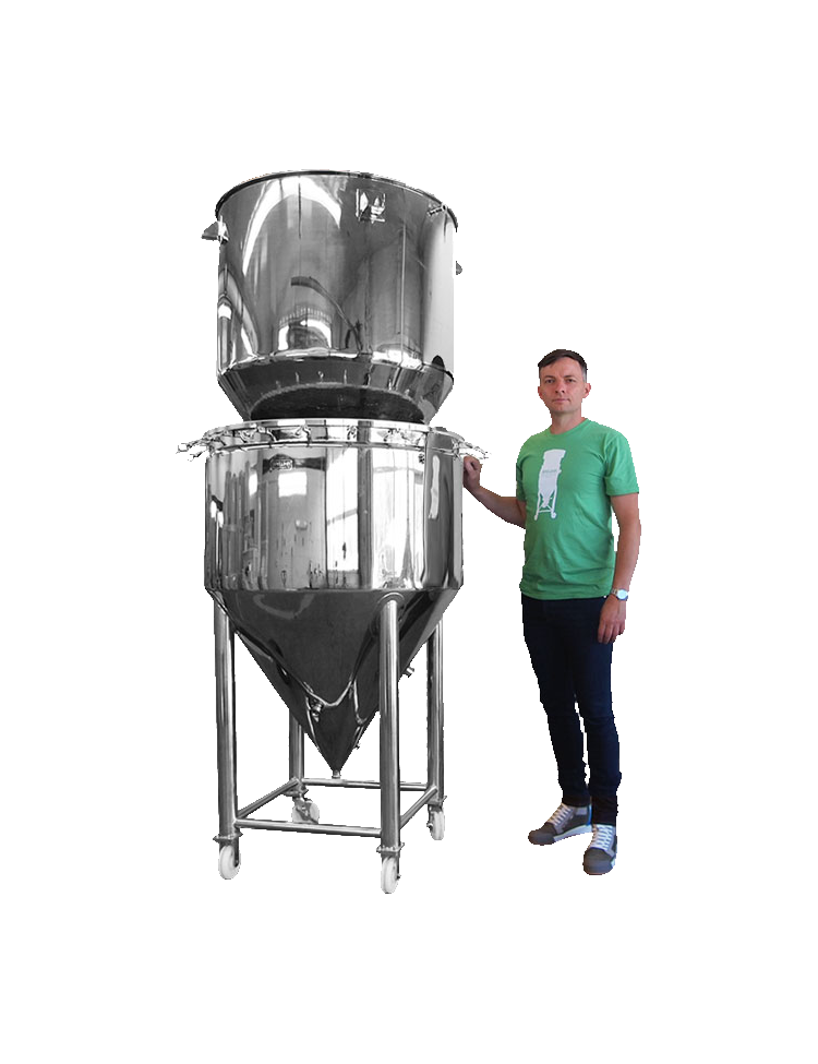 Person standing next to a 200L 2BBL stainless cylindrical conical vessel on a white background