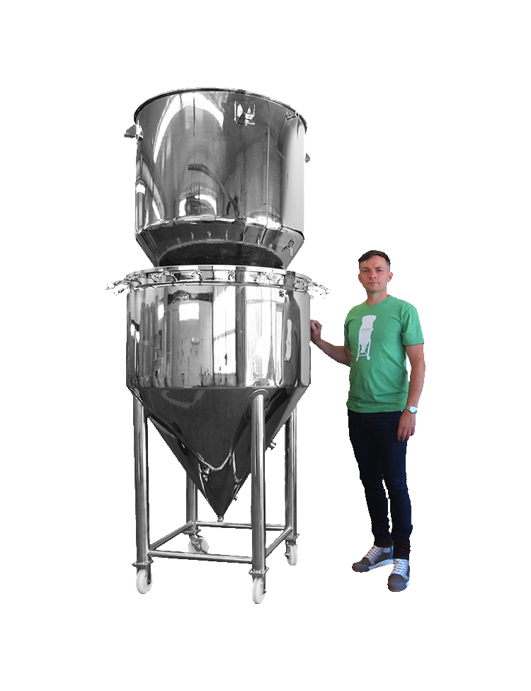 Large stainless steel 3BBL 400L cylindrical vessel with a person standing next to it for scale on a white background