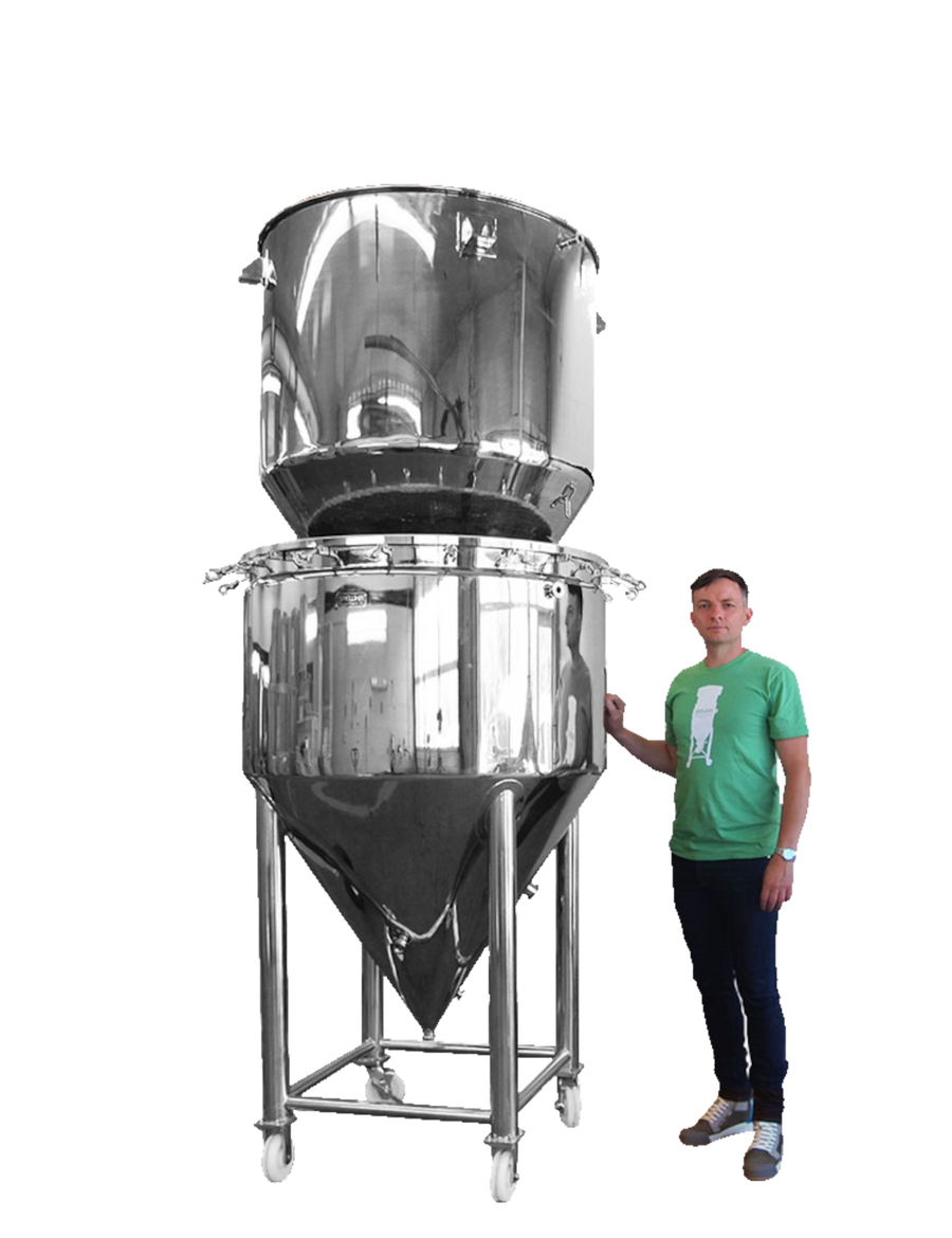 Two stacked brewery metal tanks with a person standing next to them on a white background