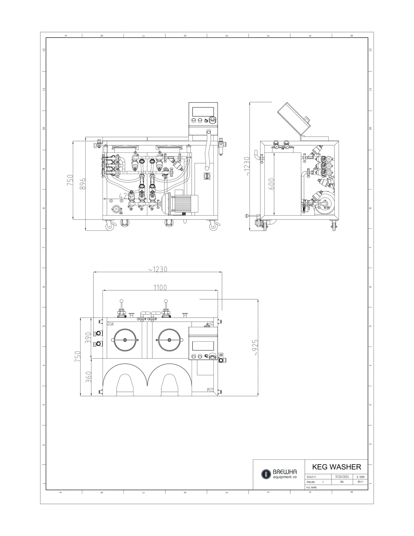 Technical drawing of a keg washer with dimensions and labels.