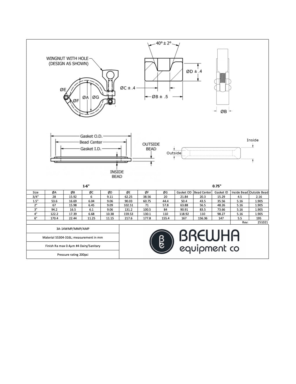 sanitary gasket dimensions technical drawing