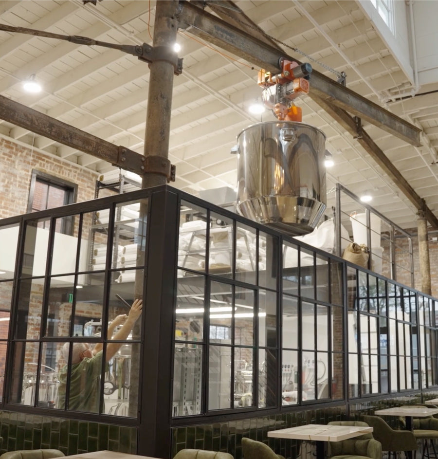Customer overhead hoist installation for BREWHA Mash Colander