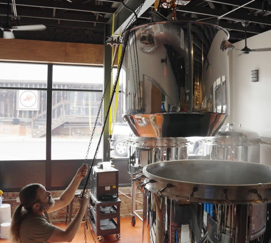 Customer overhead hoist installation for BREWHA Mash Colander